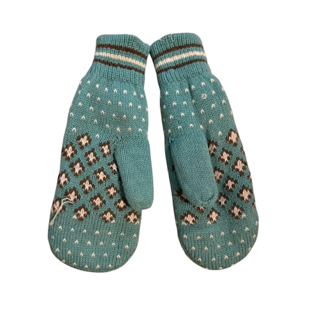 LL Bean Knit Ear Flap Pom Pom Tie Matching Mittens Set Medium/Large